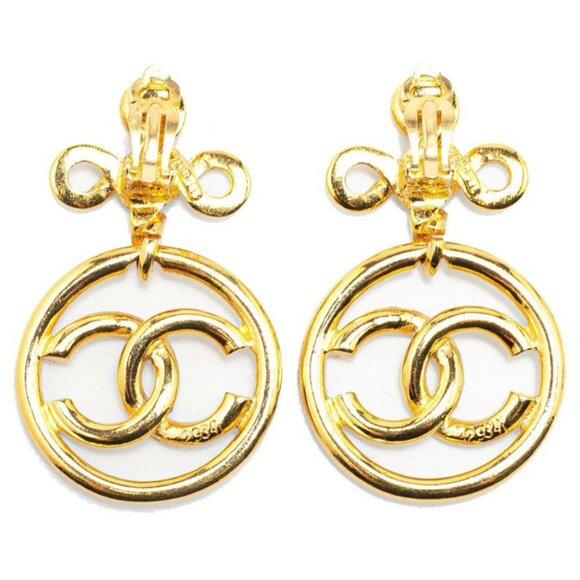 CHANEL CC Logos Round Cross Knot Dangle Earrings Gold Tone 2934 Auth w/Box #7704 - Picture 1 of 5